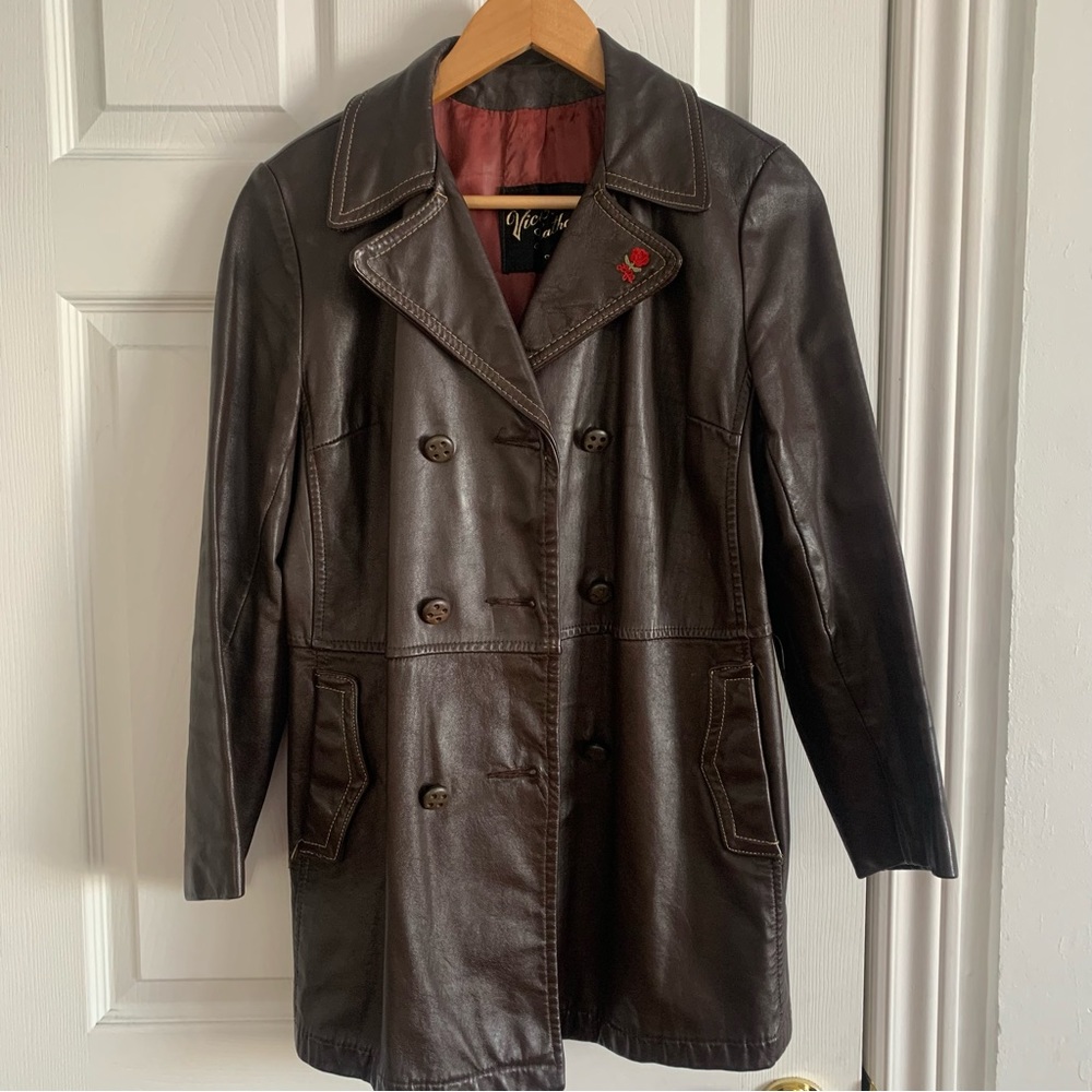 Vintage Chocolate Brown Leather Jacket with Red Rose